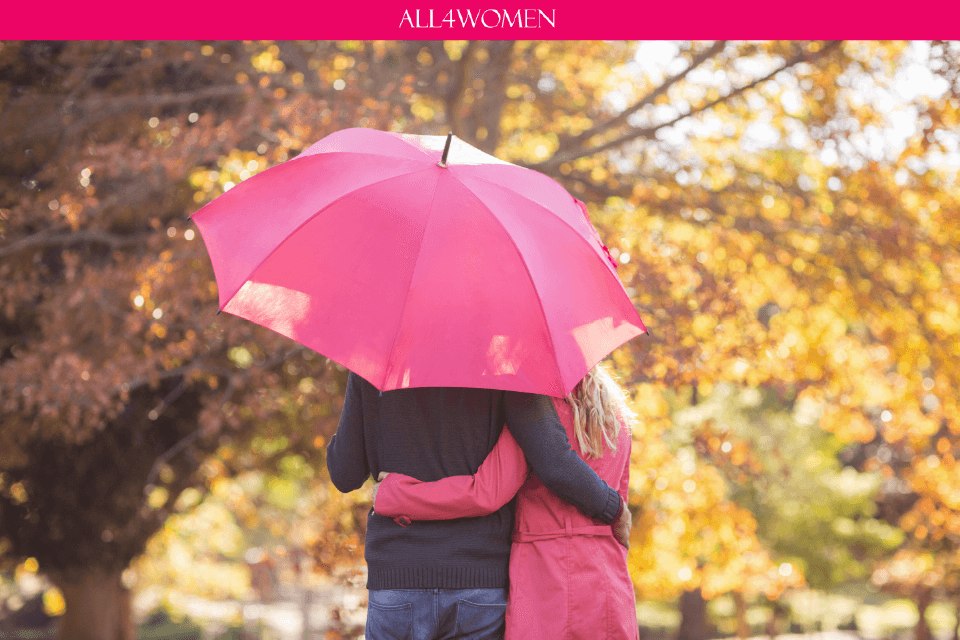 Couple embracing while holding an umbrella outside
